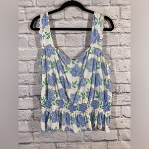 Draper James RSVP Blue Floral Smocked Waist Tank Top Ruffle Straps NWT Size XXL